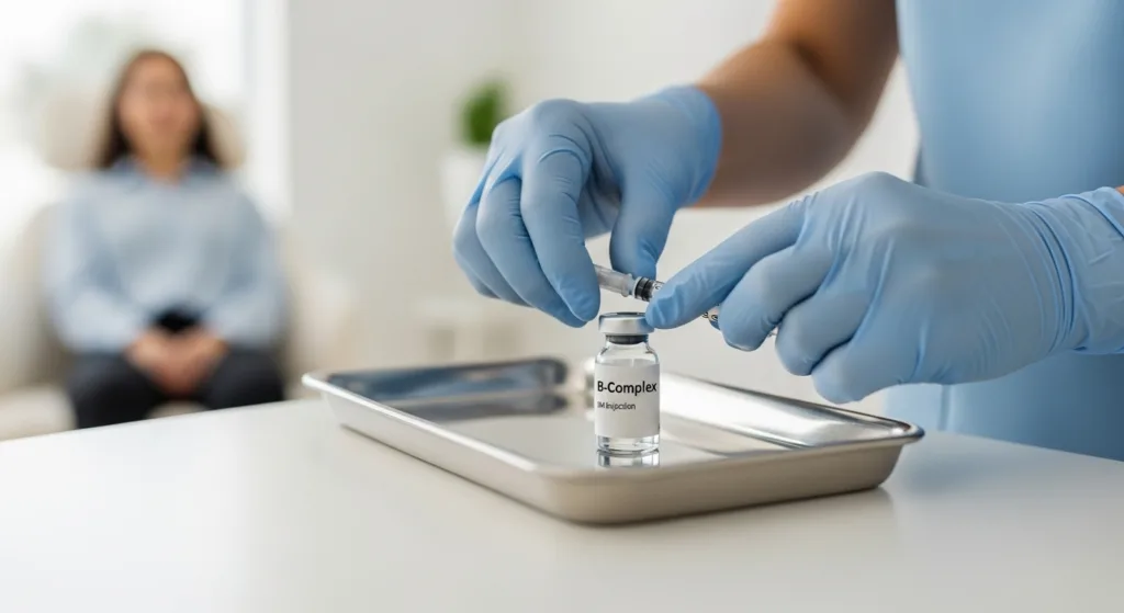 B-Complex Injection prepared in a wellness clinic to support stress balance and metabolism