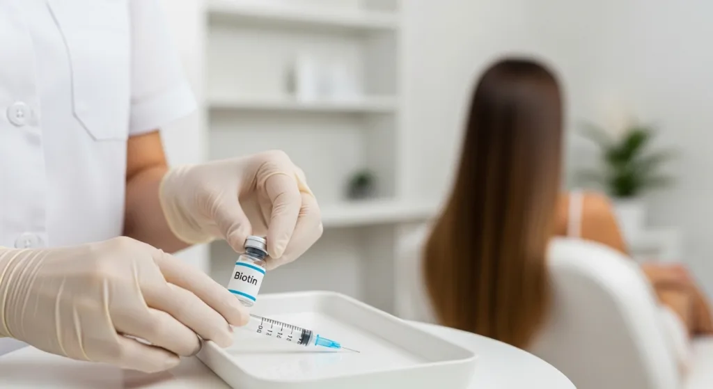 Biotin Injection prepared in a wellness clinic to support hair and nail beauty