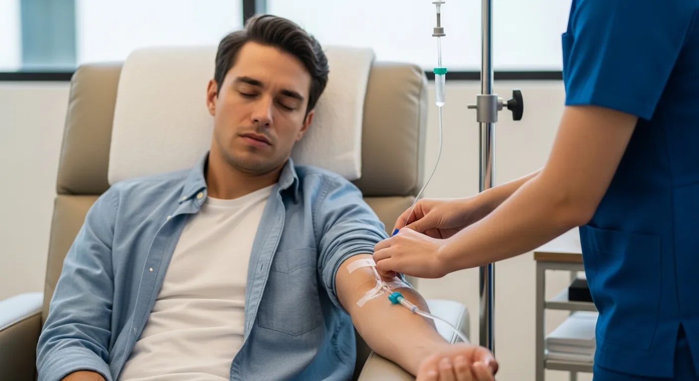 Hangover IV Therapy infusion supporting hydration, nausea relief, and recovery