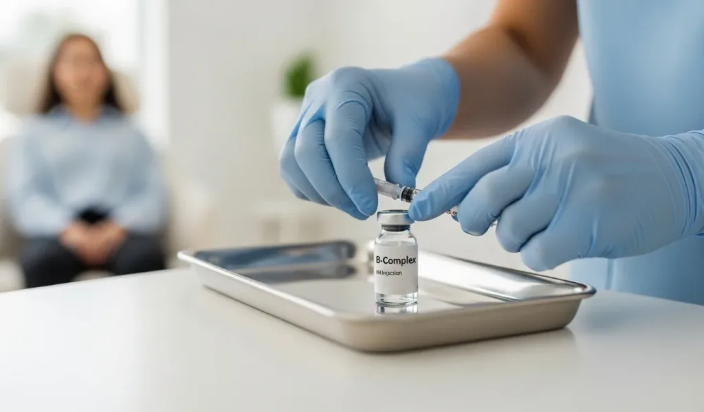 B-Complex Injection prepared in a wellness clinic to support stress balance and metabolism