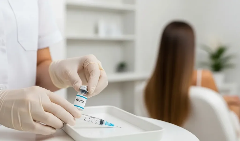 Biotin Injection prepared in a wellness clinic to support hair and nail beauty