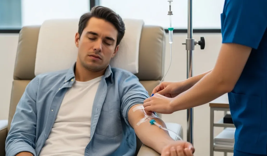 Hangover IV Therapy infusion supporting hydration, nausea relief, and recovery