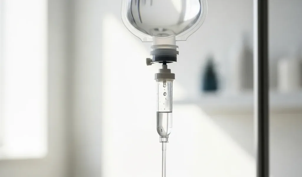 Hydration IV Therapy setup showing fluid replenishment infusion in a wellness clinic